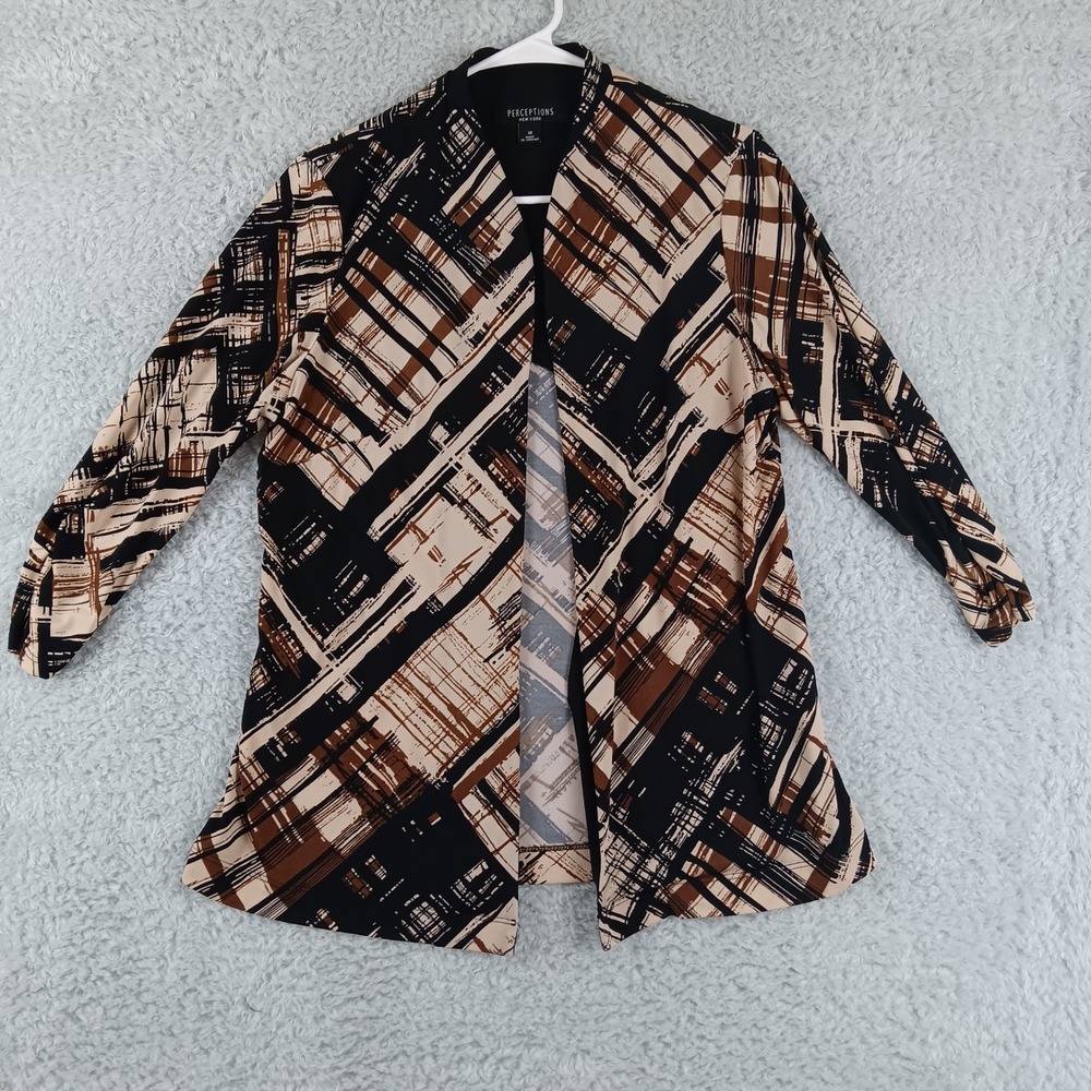 Perceptions Cardigan Jacket 10 Black Brown Tan Womens Excellent Abstract Print